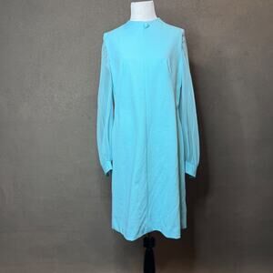 Vintage 1960s ILGWU Aqua Dress Sheer Sleeves Union Made Mod Shift